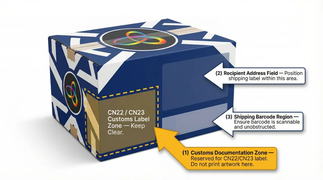 FCPIS customs label zone placement diagram on branded custom box exterior