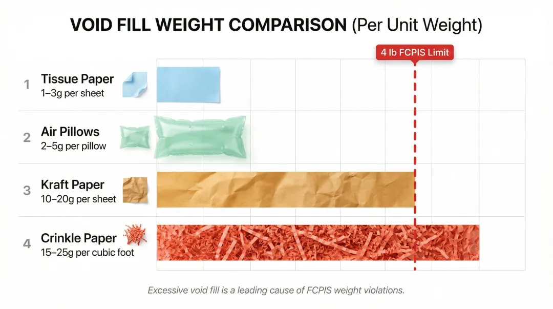 Void fill material weight comparison chart tissue paper air pillows crinkle paper kraft