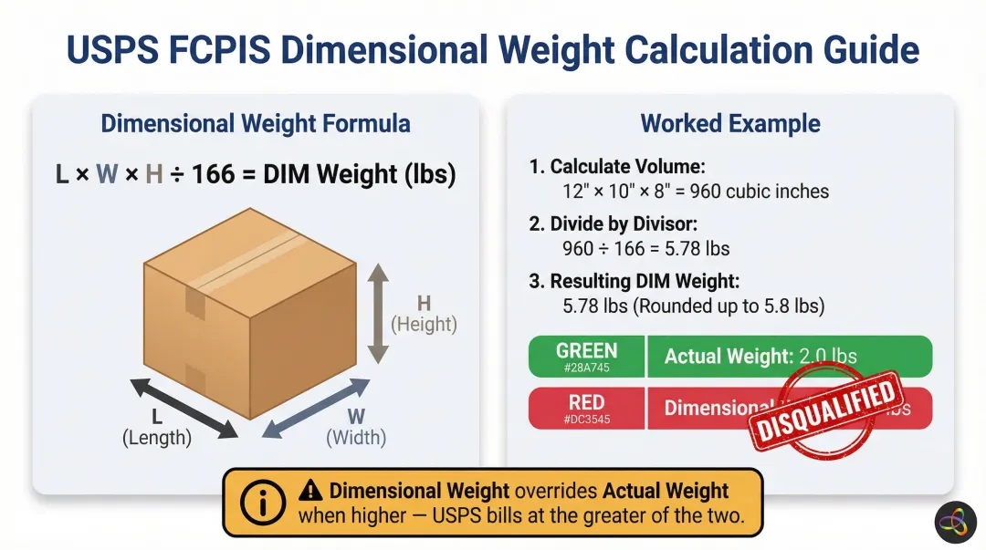 FCPIS dimensional weight formula calculation example versus actual weight comparison