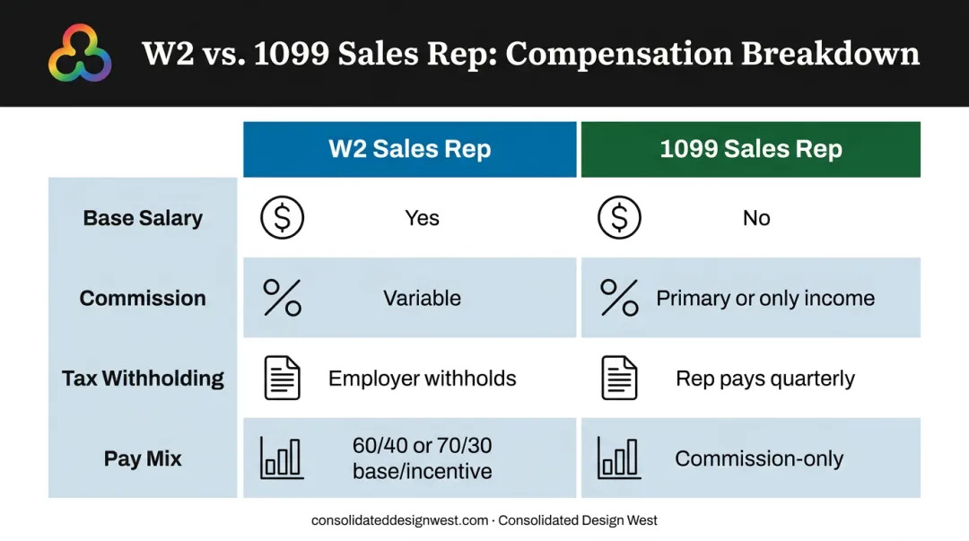W2 versus 1099 sales rep compensation structure side-by-side comparison chart