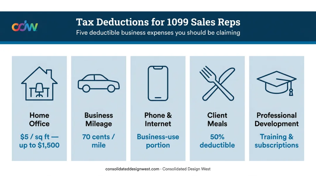 Five key tax deductions available to 1099 independent sales reps infographic
