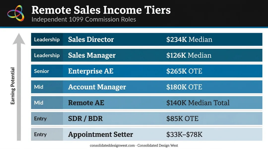 Remote sales income tiers comparison from appointment setter to sales director