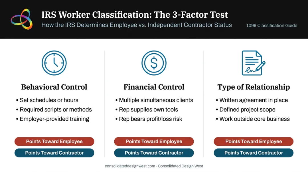 IRS three-factor independent contractor classification test behavioral financial and relationship criteria