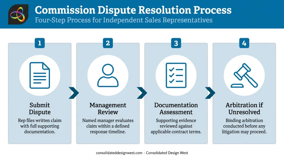 4-step commission dispute resolution process for independent sales rep agreements