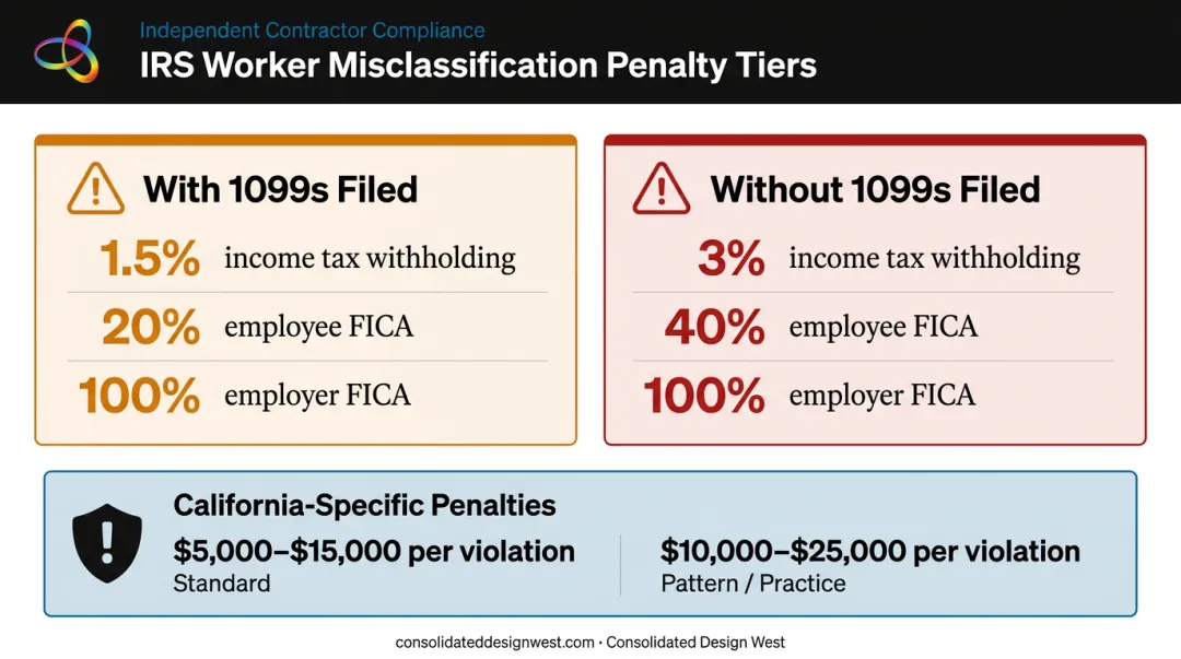 Worker misclassification IRS penalty rates comparison with and without 1099 filing