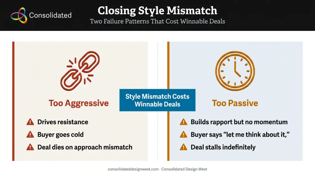 Too aggressive versus too passive closing style failure patterns side-by-side comparison