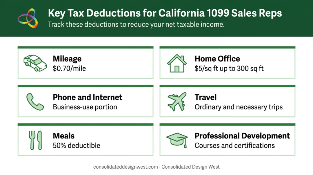 1099 California sales rep tax deductions checklist with categories and rates