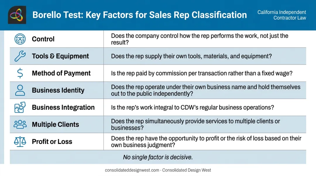 Borello multifactor test key criteria for California sales rep contractor classification