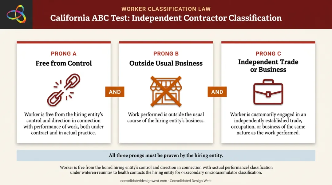 California ABC test three prongs for independent contractor classification explained