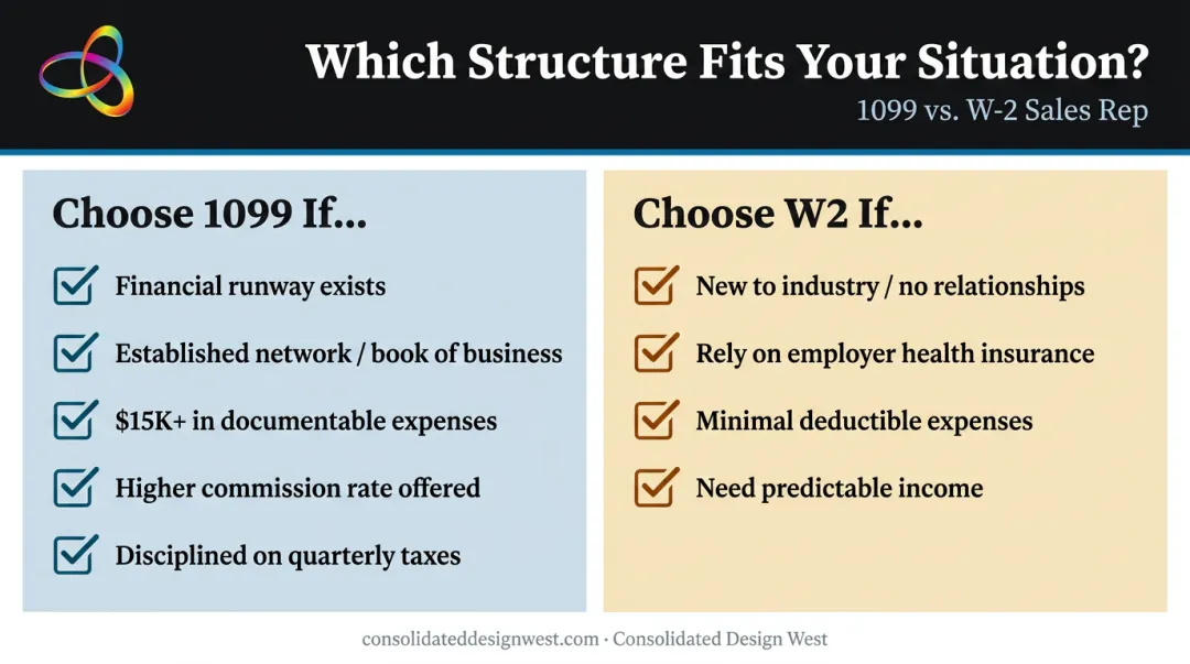 Decision guide for choosing 1099 or W2 sales structure based on career situation