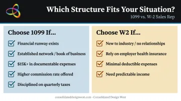 Decision guide for choosing 1099 or W2 sales structure based on career situation