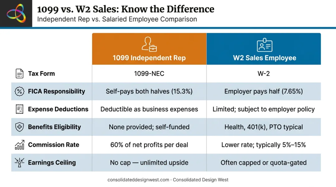 1099 independent rep versus W2 sales employee key differences comparison chart
