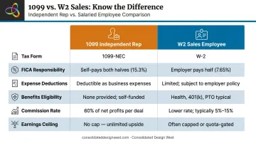 1099 independent rep versus W2 sales employee key differences comparison chart