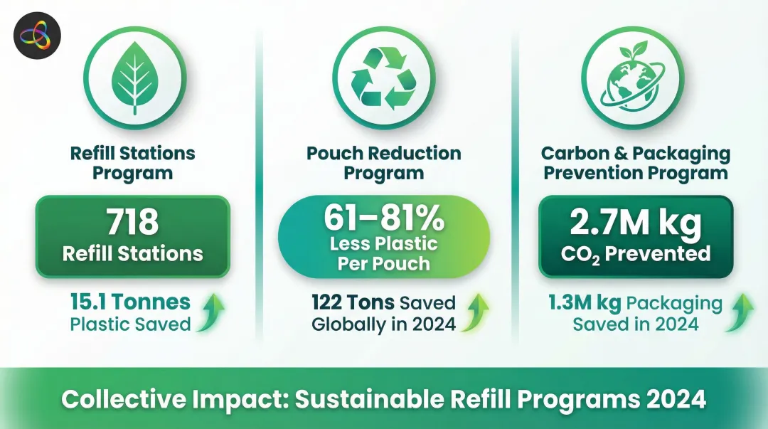 Refillable beauty program results comparing plastic savings across Body Shop Kiehls and Rituals