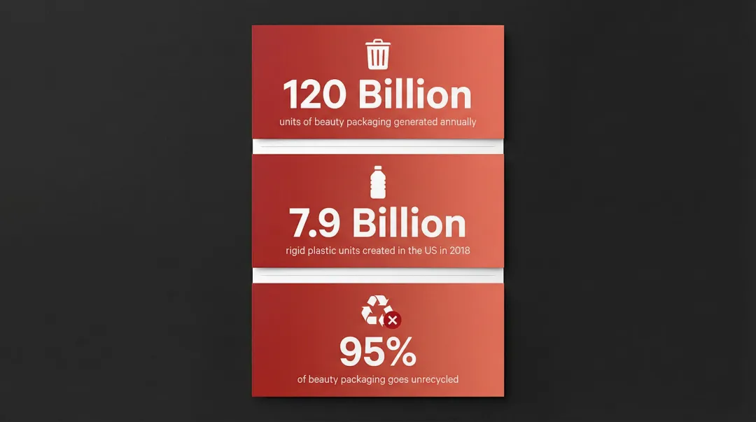 Beauty industry packaging waste statistics showing 120 billion units annually unrecycled