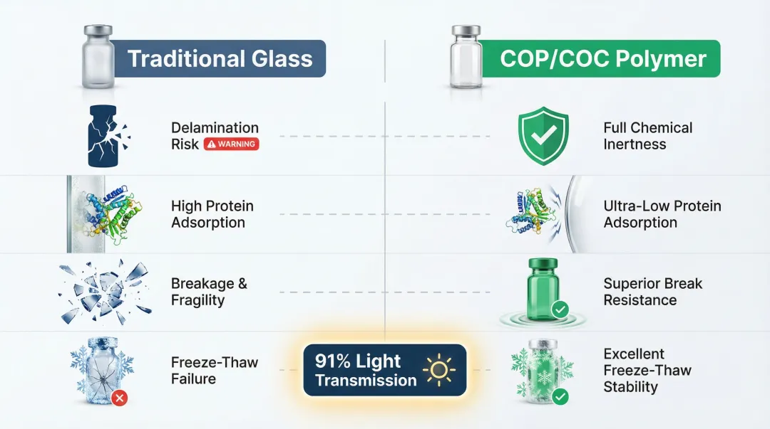 COP COC polymer vial advantages over glass four key benefits comparison infographic