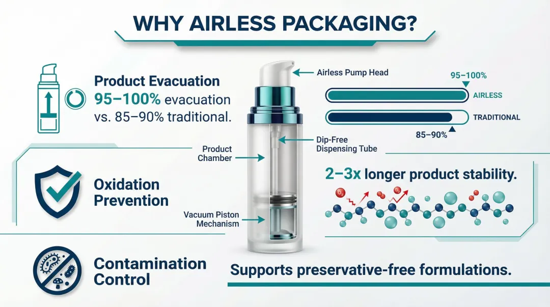 Airless packaging system benefits showing 95-100% evacuation and extended shelf life