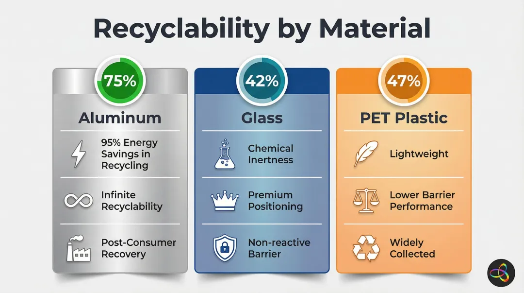 Recyclability comparison of aluminum glass and PET plastic packaging materials
