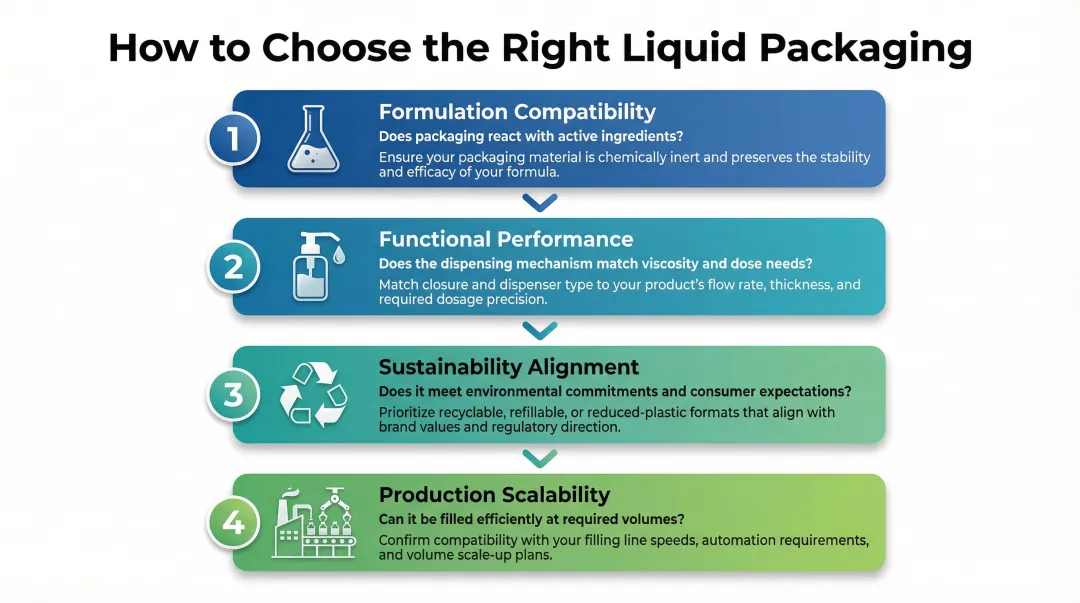 Four-step framework for choosing liquid product primary packaging format infographic