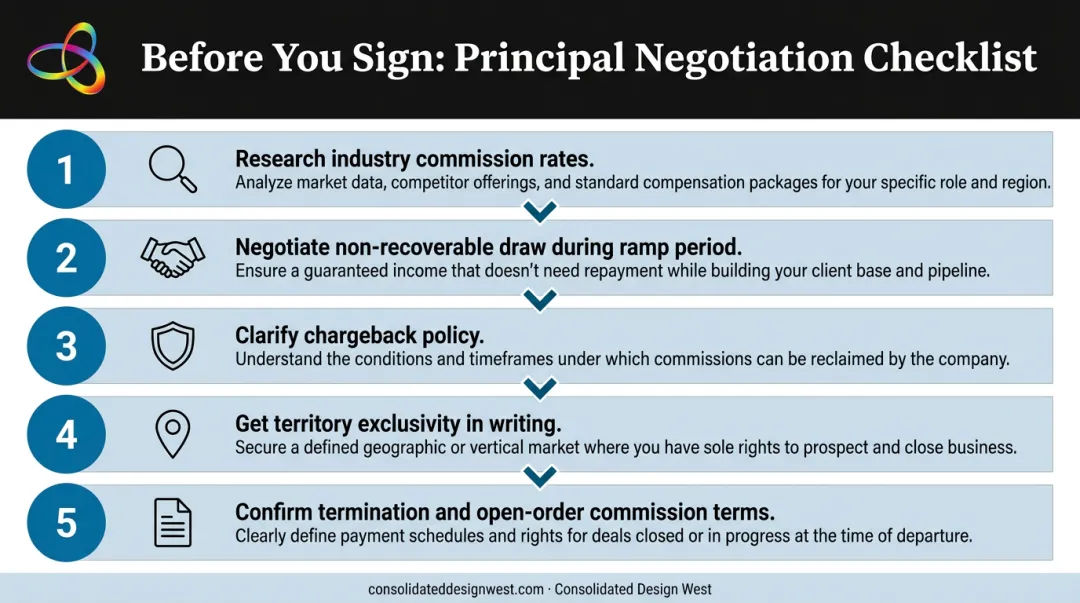 Five-step negotiation checklist before signing 1099 sales rep principal agreement