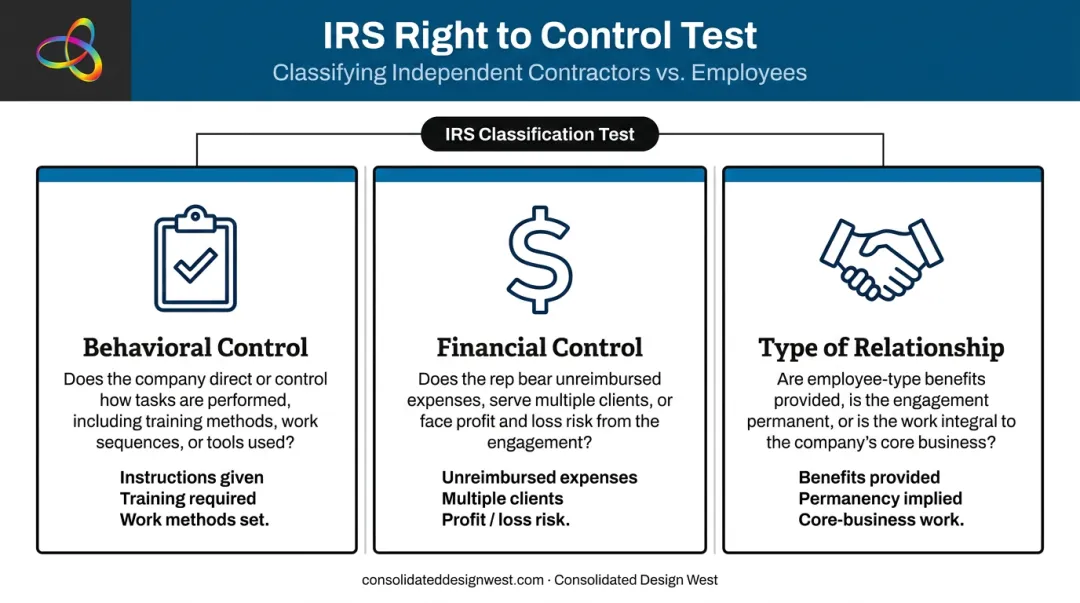 IRS three-category independent contractor control test classification diagram