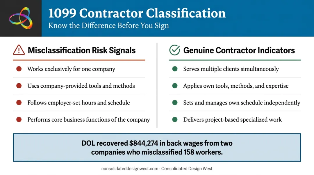 1099 contractor misclassification risk indicators versus genuine independence factors comparison