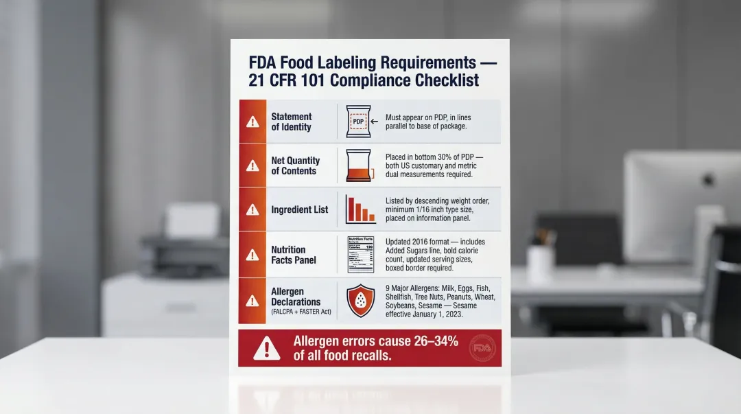 FDA food and beverage packaging labeling requirements compliance checklist table