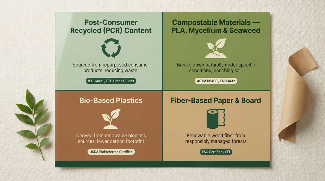 Four core eco-friendly packaging material categories comparison infographic 2026