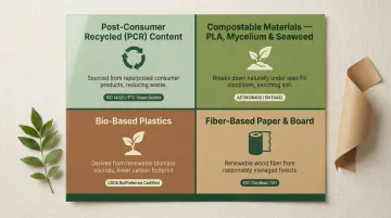 Four core eco-friendly packaging material categories comparison infographic 2026