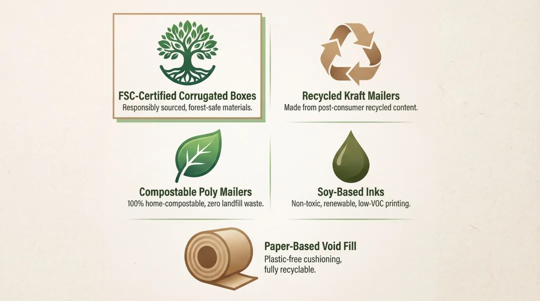 Five sustainable D2C packaging material options with environmental benefit icons