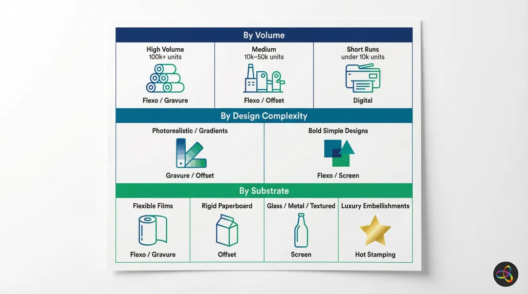 Food packaging printing method selection decision framework by volume substrate and design