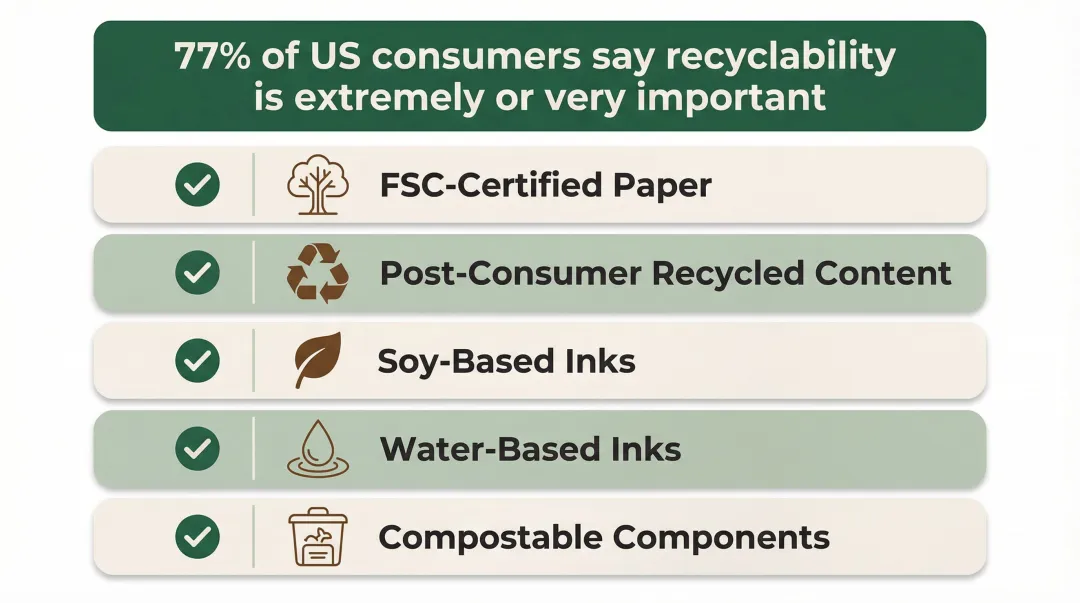 Sustainable packaging evaluation checklist with eco-friendly materials and certifications breakdown