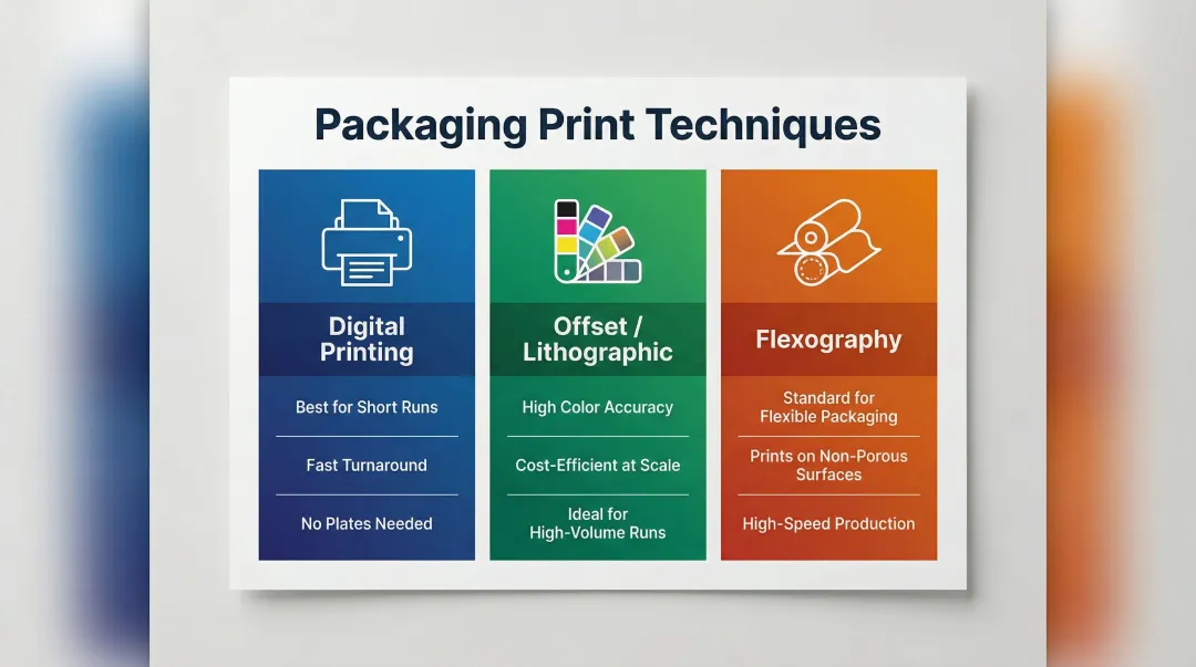 Three custom packaging printing methods digital offset and flexography comparison infographic