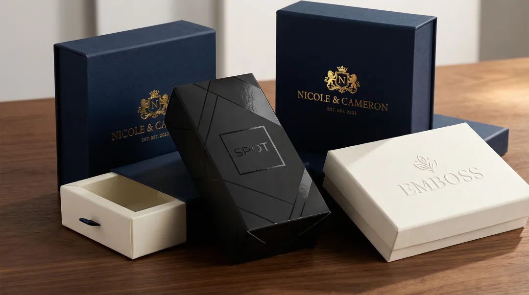 Premium custom packaging boxes with embossing foil stamping and spot UV finishes