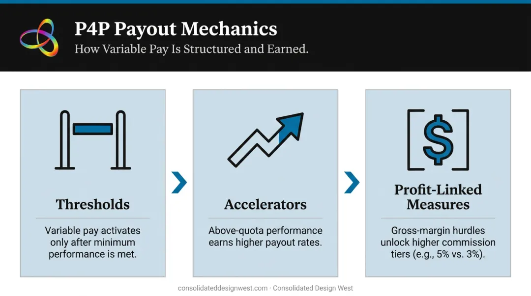 Three P4P compensation mechanics thresholds accelerators and profit-linked measures explained
