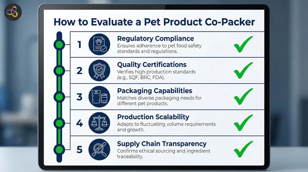 Five-criteria pet product co-packer evaluation checklist process flow diagram