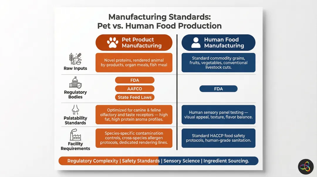 Pet versus human food manufacturing key differences comparison infographic