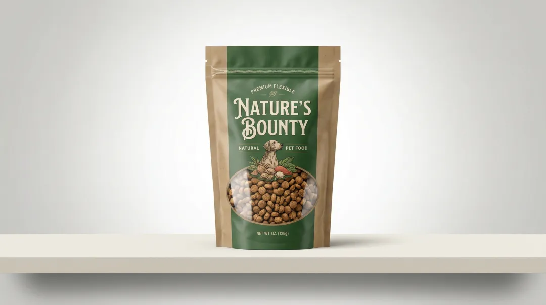 Flexible pet food stand-up pouches with premium sustainable packaging on retail shelf