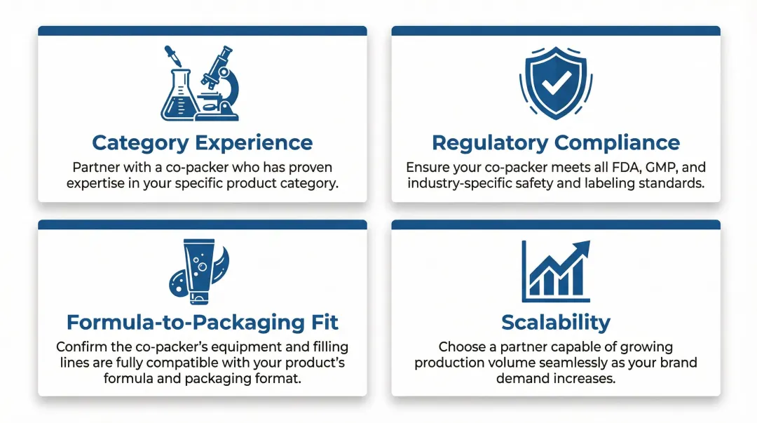 Four key criteria for evaluating small-batch cosmetics co-packer partners infographic