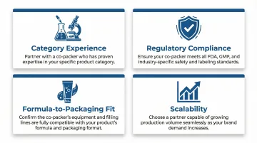 Four key criteria for evaluating small-batch cosmetics co-packer partners infographic