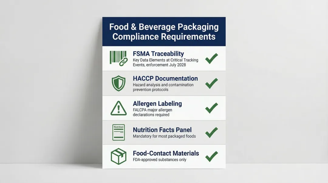 Five food and beverage packaging compliance requirements including FSMA HACCP and allergen labeling