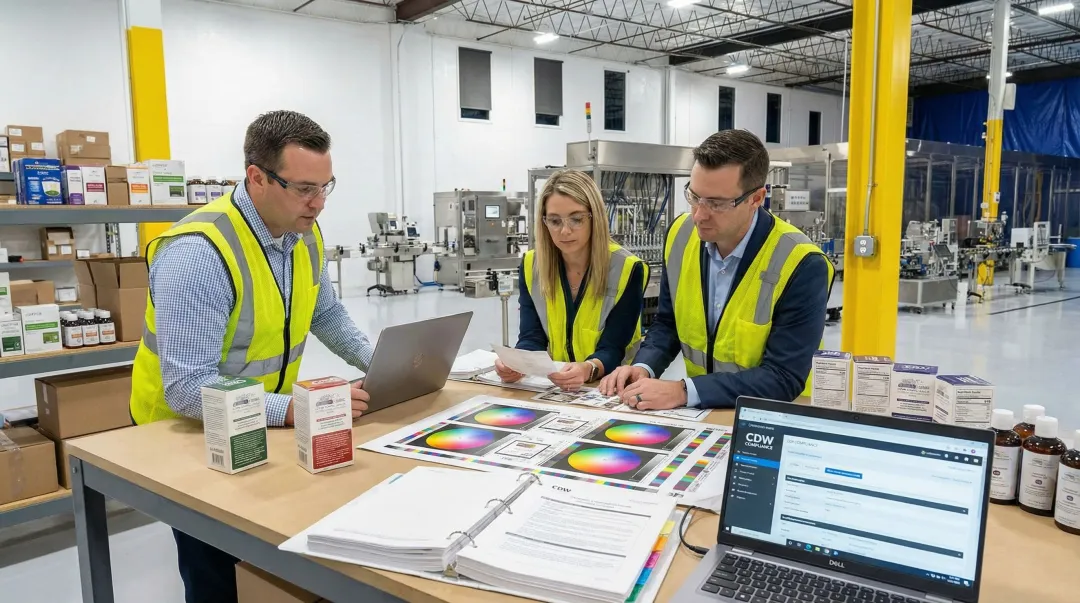 CDW contract packaging team reviewing label artwork compliance documentation with brand partner