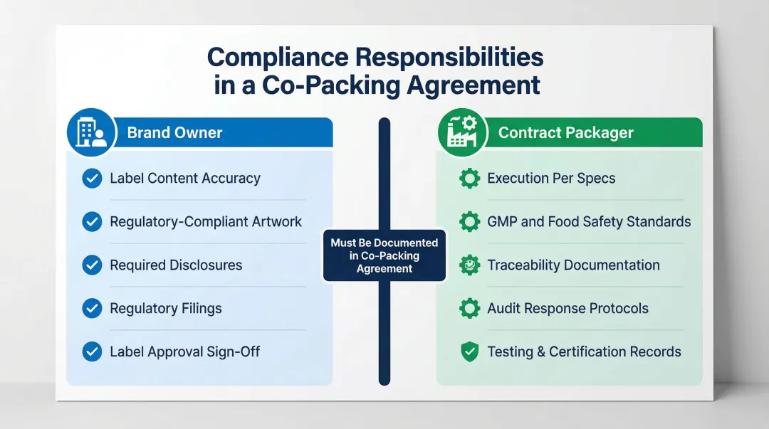 Brand owner versus contract packager compliance responsibility division in co-packing agreement