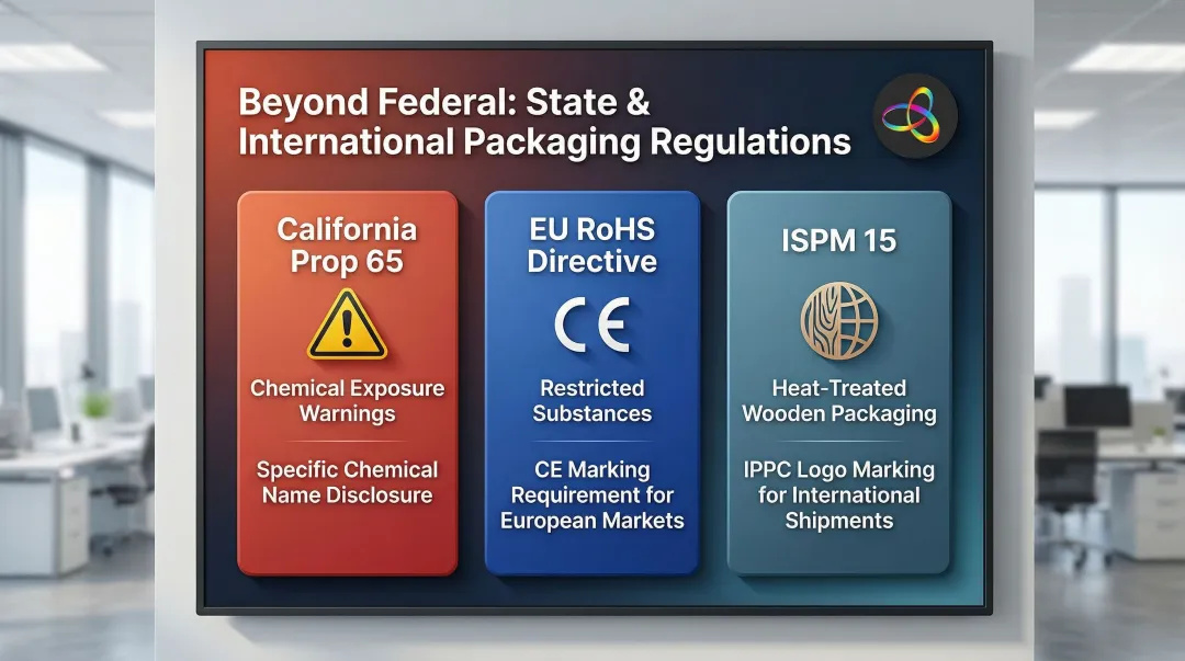 Three-layer regulatory compliance framework comparing Prop 65 EU RoHS and ISPM 15 requirements