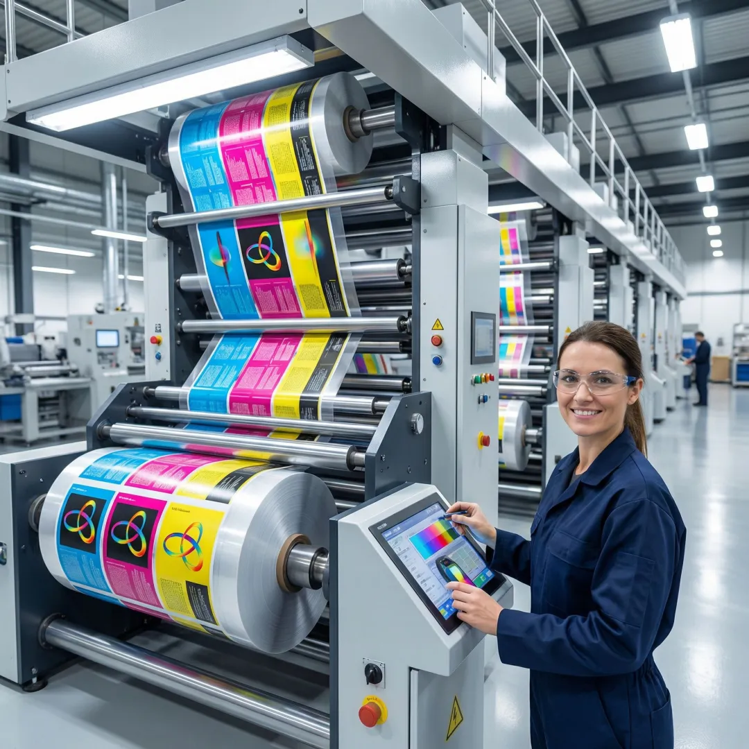 Modern flexible packaging printing press in operation
