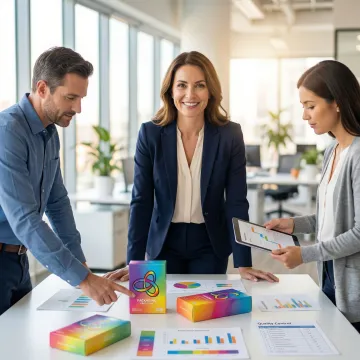 Professional project manager reviewing packaging prototypes and production schedules