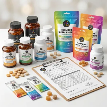 Pet supplement packaging materials including bottles, pouches, and labels with quality control documentation