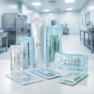 Sterile medical pouches with medical devices and pharmaceutical products in a cleanroom environment