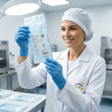 Healthcare professional inspecting medical pouch packaging for sterility and compliance
