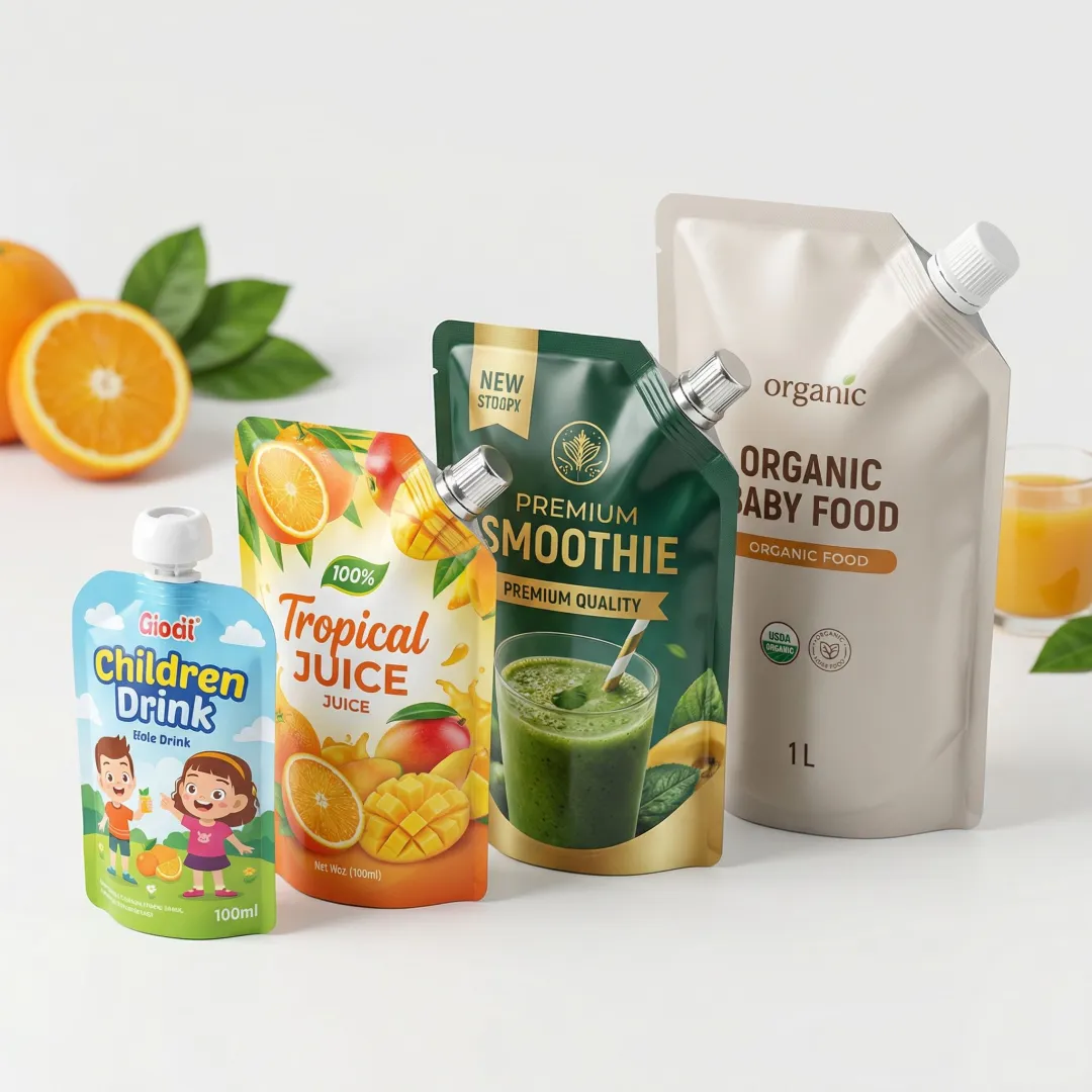Custom designed stand up pouches with integrated spouts showing various product applications